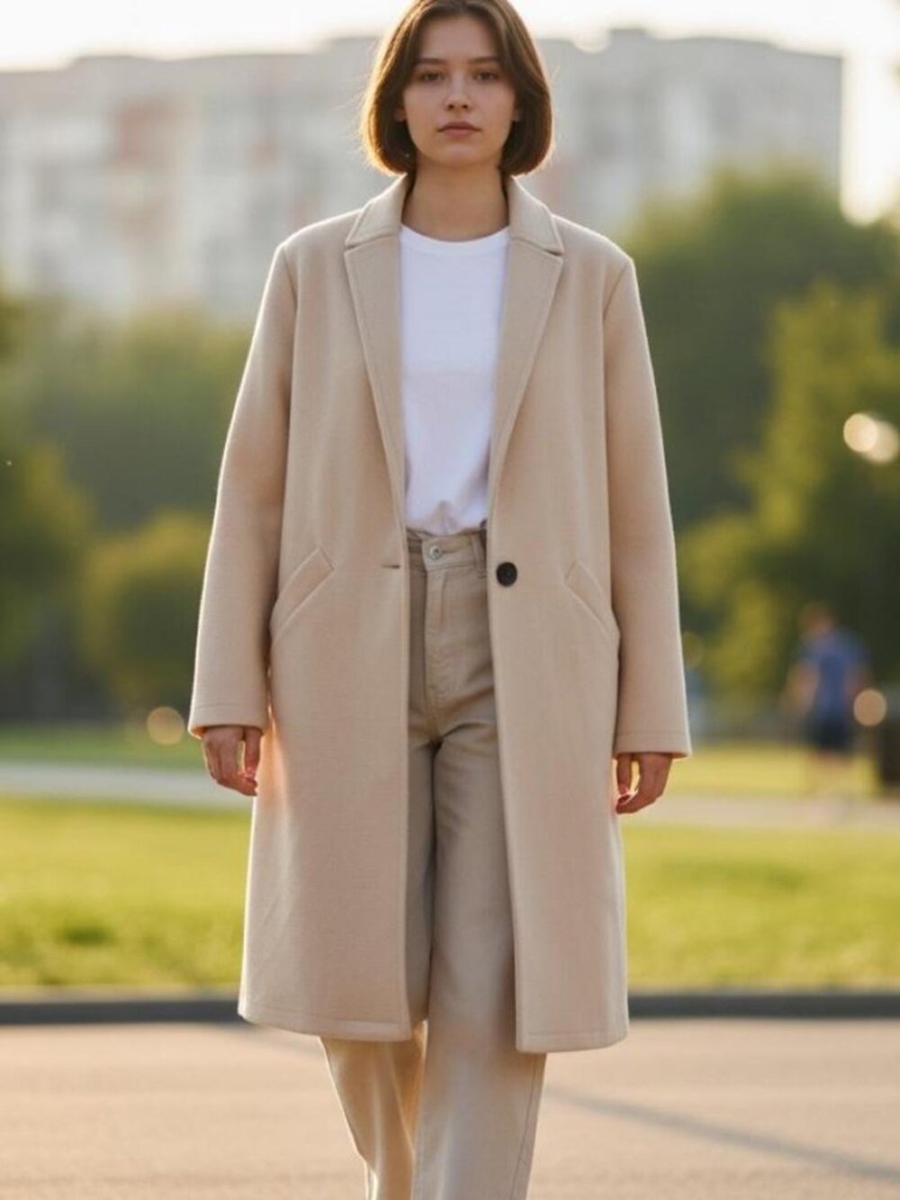 Cream Wool-Blend Minimalist Long Coat — Notch Lapel